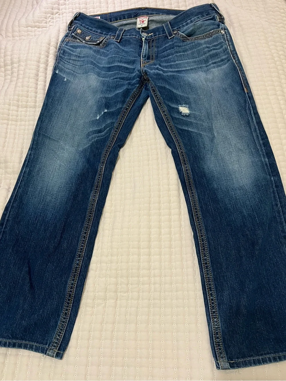 True Religion Men's USA Made Dark Blue Denim Bootcut Jeans with Gold Stitching
